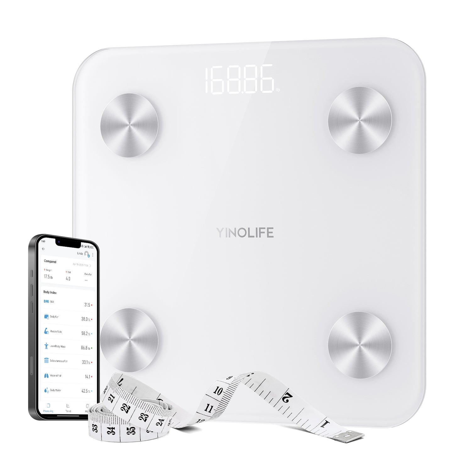 YINOLIFE Scale for Body Weight, Digital Smart Bathroom Weight Scale BMI Weighing Bluetooth Body Fat Scale, 20 Body Composition Analyzer with App, 10.2", 400 lbs, White