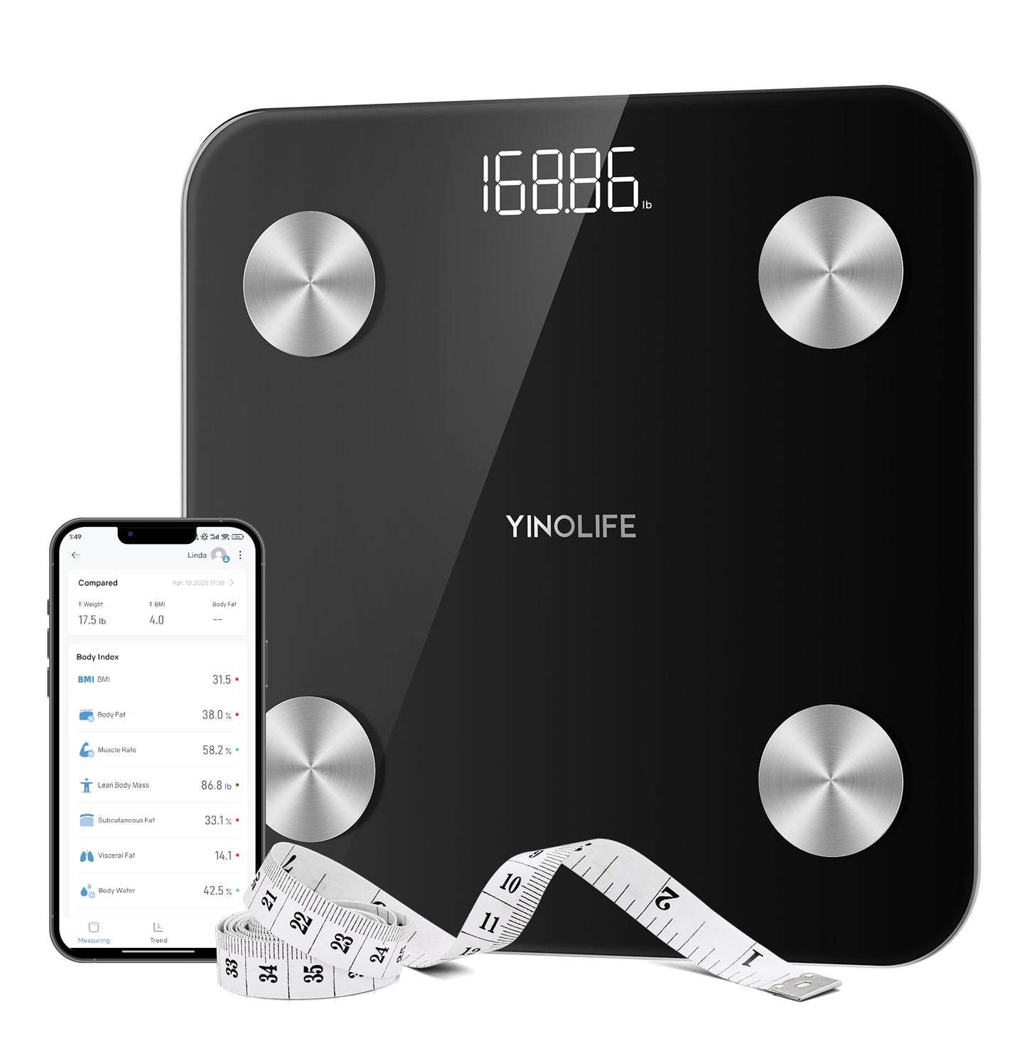 YINOLIFE Scale for Body Weight, Digital Smart Bathroom Weight Scale with BMI, Body Fat, Muscle Mass, Accurate 20 Body Composition Scale, 10.2" Compact Scale with APP, 400lb, Black