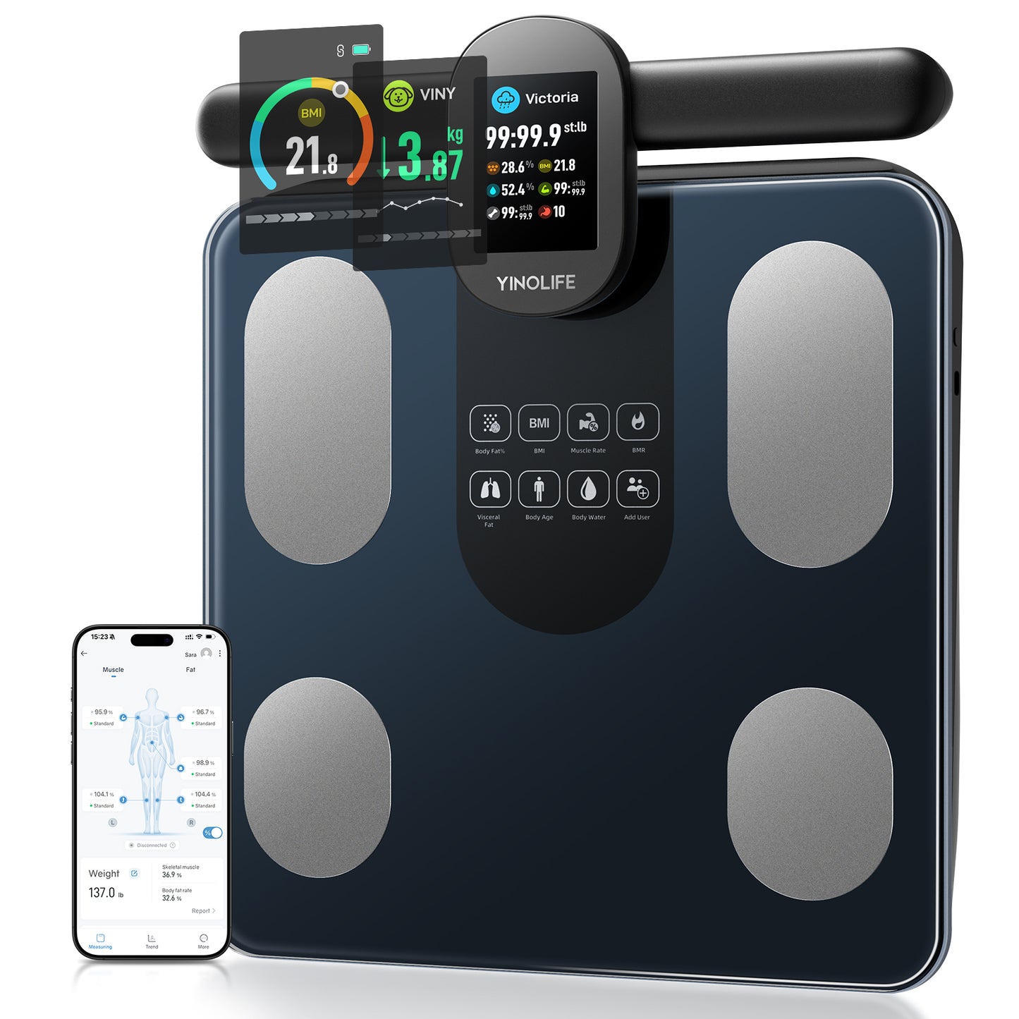 YINOLIFE Scale for Body Weight, 8 Electrode Smart Bathroom Scale with BMI Body Fat Muscle Mass 28 Full Body Composition, High Precision Digital Weight Scale with Handle Display, Rechargeable, 400 lbs