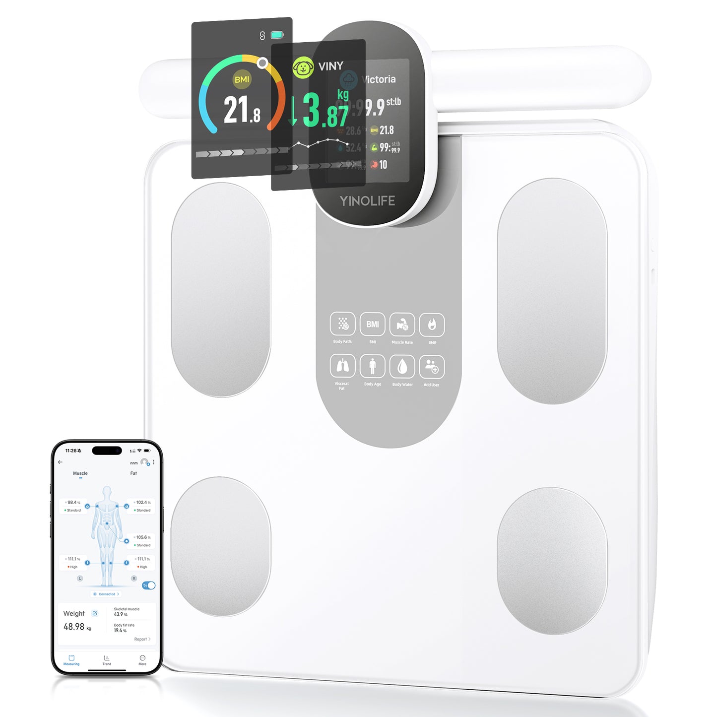 YINOLIFE Smart Scale for Body Weight, 8 Electrode Bathroom Scale for Weight Fat BMI Muscle Mass, 28 Full Body Composition Analyzer, Accurate Weight Scale, Rechargeable, 400 lbs, White